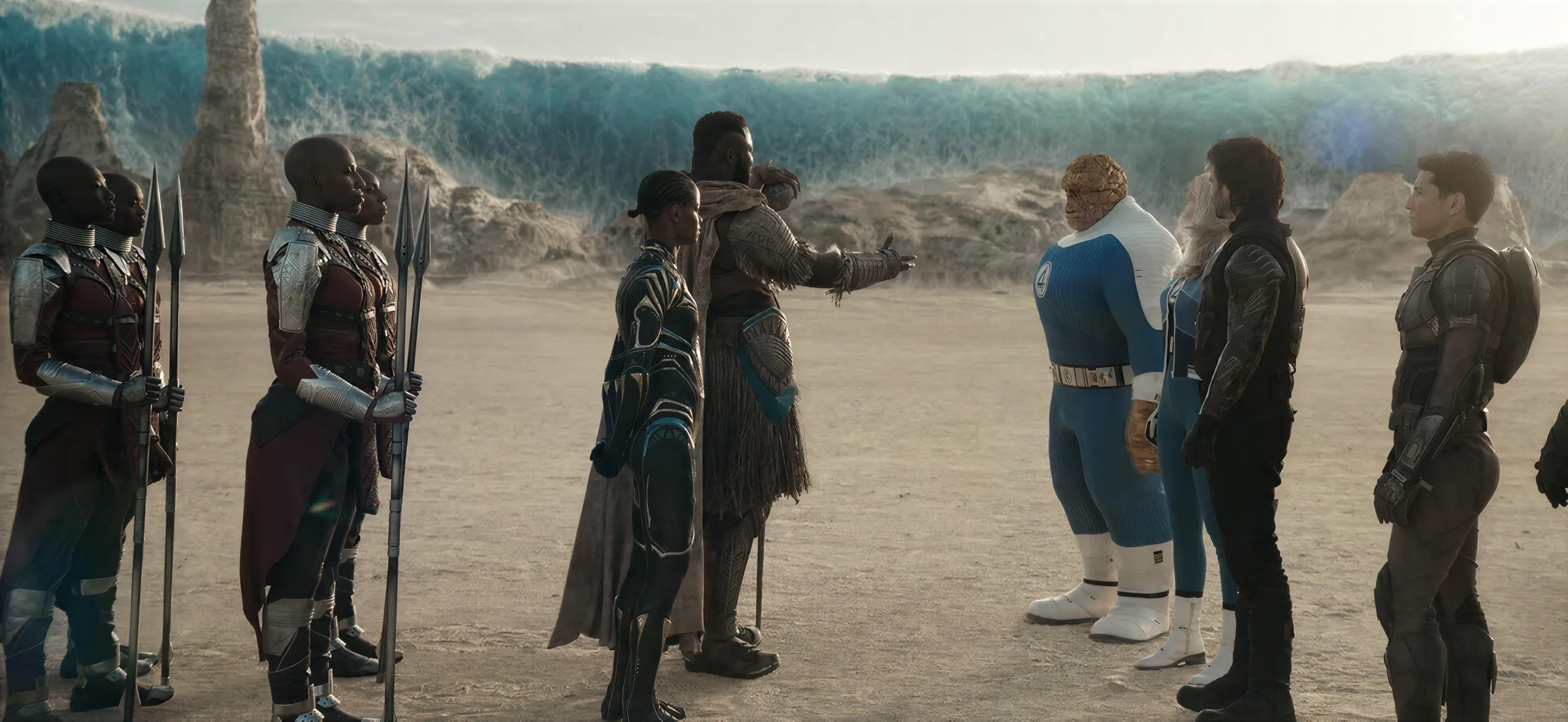 Still from Avengers: Doomsday: two lines of performers facing each other on a dry plain