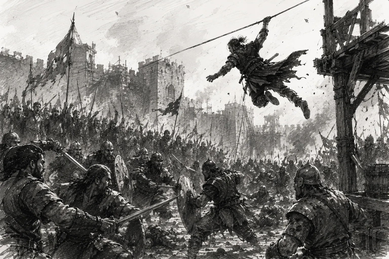 Annotated production frame of a castle siege: a performer swings in on a rope above a shield line and a crowd of soldiers