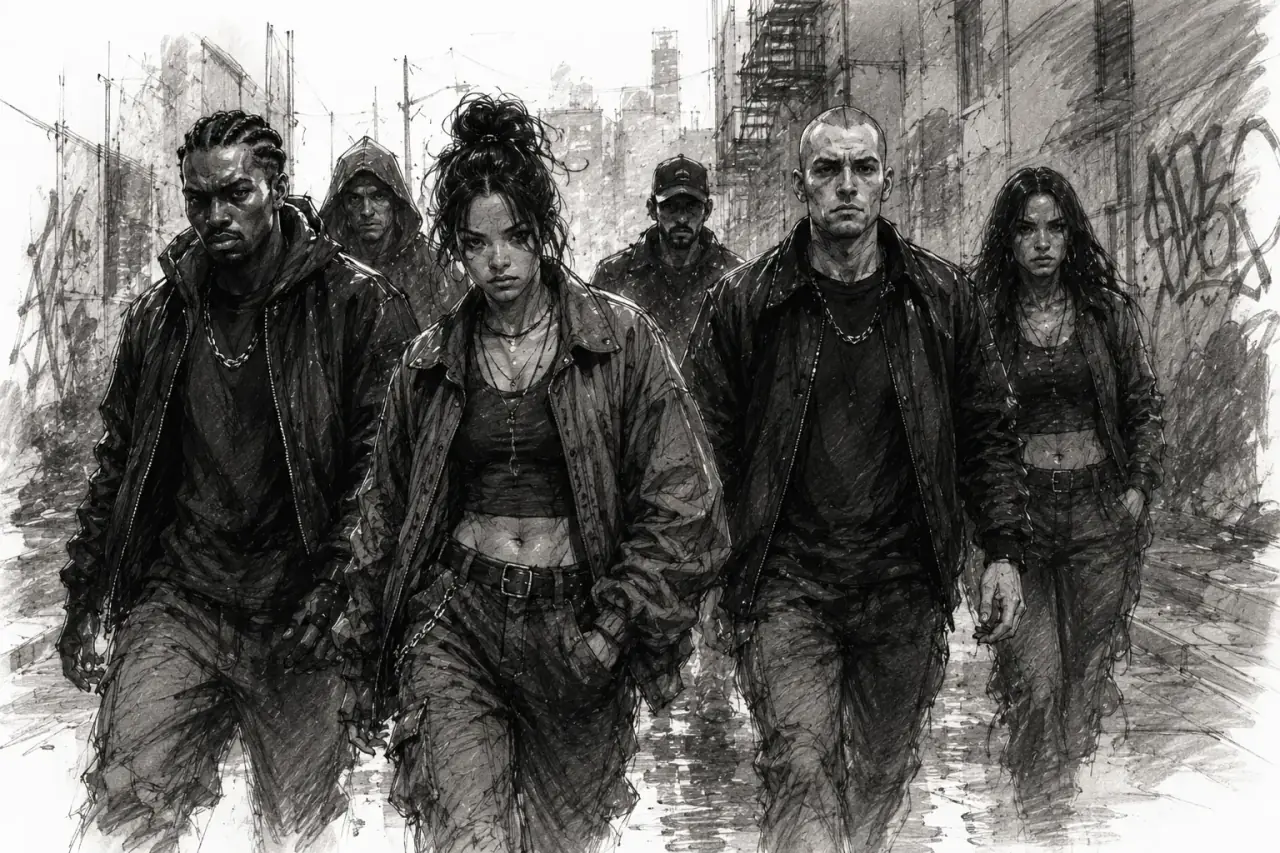 Storyboard frame of a crowd scene with six SPACTs marked out by callout boxes